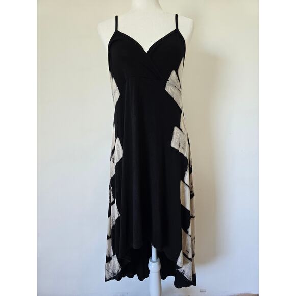 T Party Boho Tie Dye Black Midi Dress Sz L Asymmetrical Hem - Picture 1 of 5
